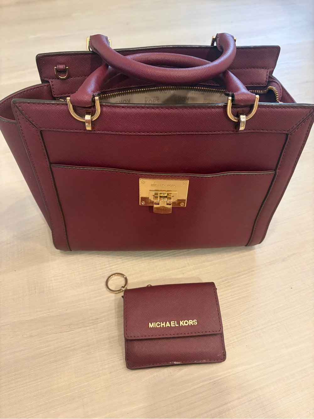 Michael Kors Wine Saffiano Leather Satchel with Matching Card Wallet